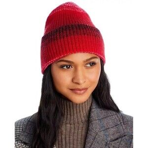 AQUA Beanie Hat Womens Red Ombre Stripe Ribbed Cuff Stretch $68